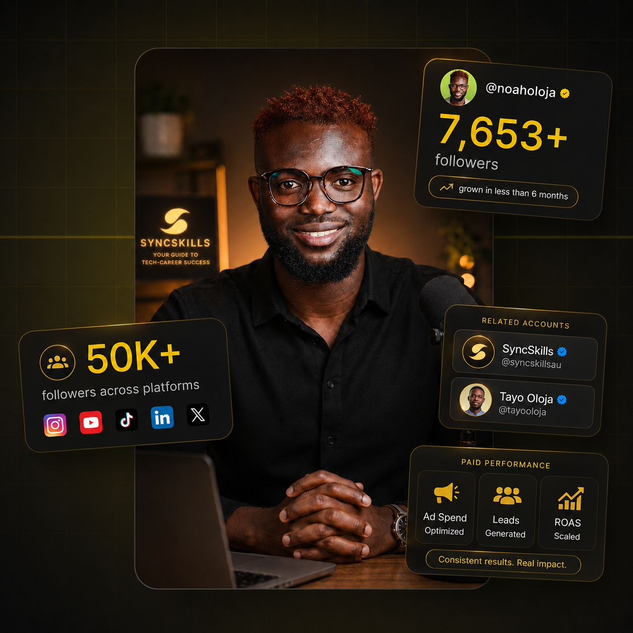 Noah Oloja — 50K+ followers, 7,653+ on Instagram, SyncSkills founder